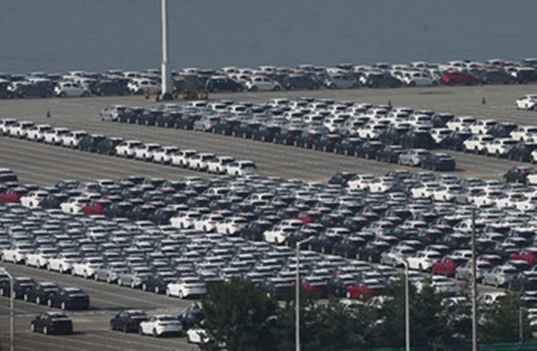 경기 평택항 자동차 선적부두에 수출을 앞둔 차량이 줄지어 주차되어 있다. /뉴시스
