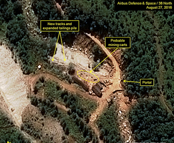 2016년 8월 27일 북한 함경북도 길주군 풍계리 핵실험장 주변 위성사진 모습. 당시 38노스는 북한 풍계리 핵실험장에서 핵실험을 준비하는 새로운 활동이 포착됐었다고 밝힌 바 있다. / 뉴시스