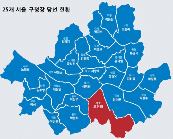 25개 서울 구청장 당선 현황 ⓒ스트레이트뉴스/그래픽:김현숙