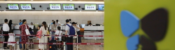 국토교통부가 진에어에 대한 면허취소를 하지 않기로 결정한 17일 오후 서울 강서구 김포공항에서 승객들이 탑승수속을 하고 있다.