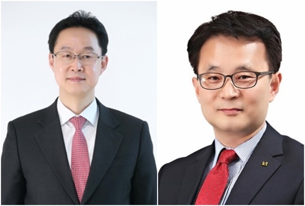 KT는 KTH등 7개 계열사 CEO를 전면 교체했다. 김철수 KTH 신임사장(왼쪽)과 이대산 KT에스테이트 신임사장 / 사진=KT