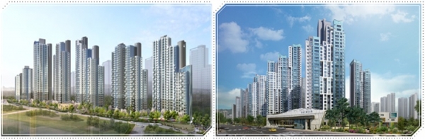 현대건설과 삼성물산이 서울 서초구에서 분양 중인 '디에이치 라클라스'와 '래미안 리더스원'의 투시도 (현대건설/성물산 제공)