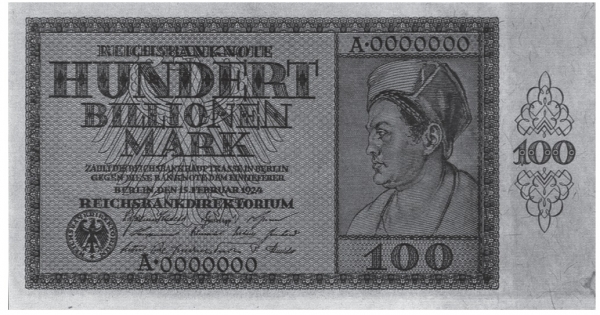 1920년대 독일에서는 초인플레이션이 발생하여 화폐가 종이 쪼가리로 전락했다. 5,000억 마르크를 주어야 빵 1킬로그램을 살 수 있었다. 당시 발행된 100조 마르크 지폐.