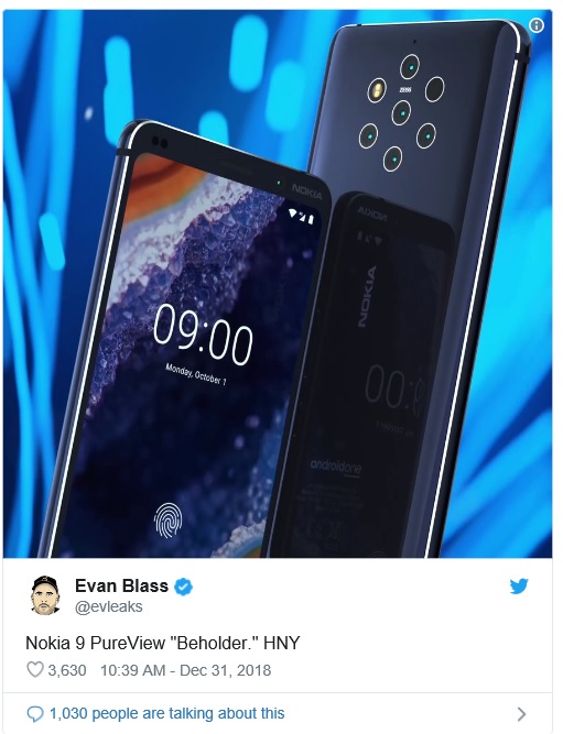 유명 IT전문가 에반 블래스가 트위터에 올린 노키아9 퓨어뷰는 뒷면에 5대의 카메라를 장착했다. (출처=에반 블래스 트위터)