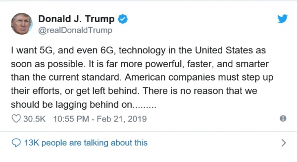 도널드 트럼프 미국 대통령은 21일(현지시간) 트위터를 통해 "5세대(5G) 기술, 심지어 6세대(6G) 기술까지 하루빨리 미국에서 보고 싶다"고 밝혔다.  (출처=트럼프 대통령 트위터)