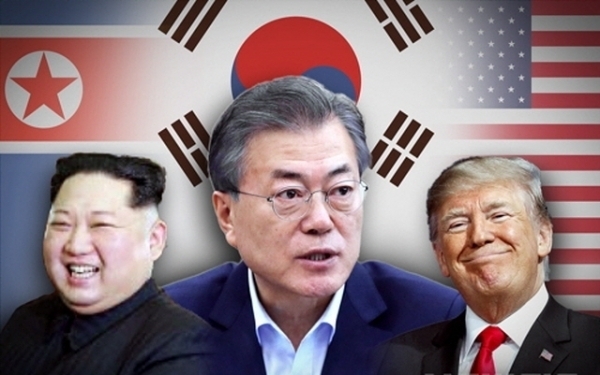 문재인 대통령(가운데)과 김정은 북한 국무위원장(왼쪽), 도널드 트럼프 미국 대통령