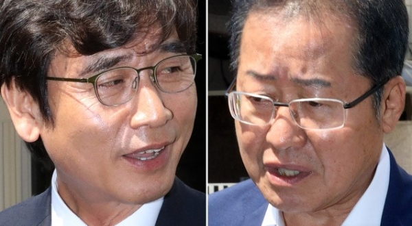 유시민(왼쪽) 노무현재단 이사장과 홍준표 전 자유한국당 대표가 3일 오전 유튜브 맞짱토론 녹화를 위해 서울 강남의 한 스튜디오에 도착해 인터뷰하고 있다.