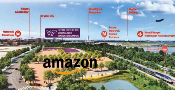 버지니아 공대는 아마존의 내셔널 랜딩 제2캠퍼스 조성계획이 확정되자 10억 달러 규모의 대학원캠퍼스 조성계획을 발표했다. 사진은 버지니아공대의 대학원캠퍼스 조성계획도.