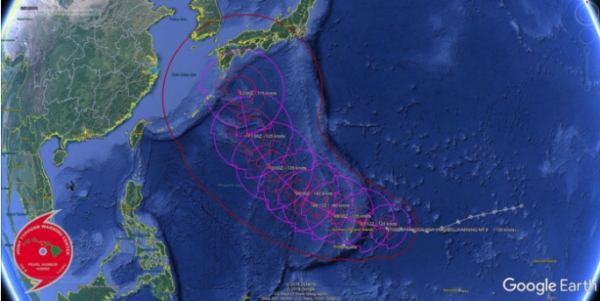 12일 주말에 일본 열도에 상륙예정인 슈퍼태풍급 제 19호 '하기비스'의 예상 경로 @ JTWC