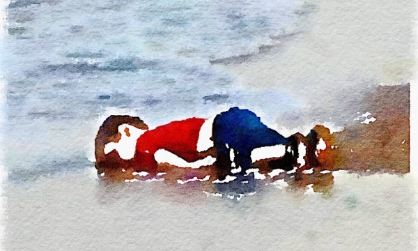 2015년 9월 2일 피난 도중 뗏목이 전복되면서 터키 보드룸 해변에서 익사한 채 발견된 시리아 아이 아일란 쿠르디(Alan Kurdi)를 추모하는 일러스트레이션(자료:국제인권관측소, IOHR)