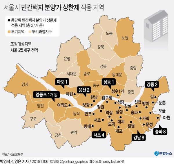 정부,  민간택지 분양가 상한제 적용 서울 29개 동