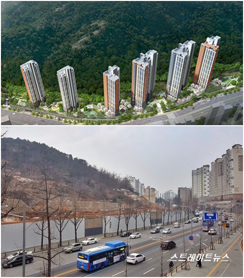 대림산업이 분양 중인 '홍제 e편한세상 가든플라츠'의 조감도(위)와 실제 건설현장. 이 단지는 홍제사거리에서 녹번역 방향에 통일로 고개 좌측의 도로변에 자리, 차량 소음과 매연 등이 심한 편이다. @스트레이트뉴스.