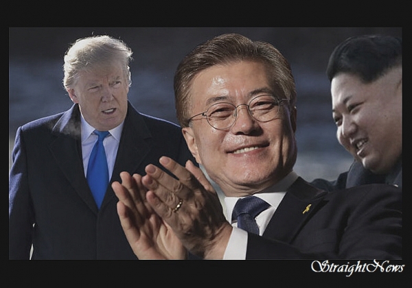 미국 도널드 트럼프 대통령과 한국 문재인 대통령, 북한 김정은 국무위원장(자료:express.co.uk)