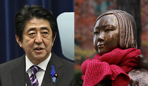 아베 신조 일본 수상과 평화의 소녀상(사진=연합뉴스)