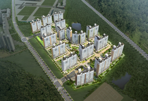 반도건설의 ‘성산 반도유보라 아이비파크’ 조감도. 성산 반도유보라 아이비파크는 지하 3층~지상 15층 17개동에 1045가구가 들어서는 대단지 아파트이다. (제공=반도건설)