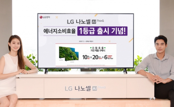 LG전자 모델이 에너지 소비효율 1등급을 받은 2020년형 'LG 나노셀 TV(시리즈명: NANO87)' 신제품을 소개하고 있다. LG전자 제공