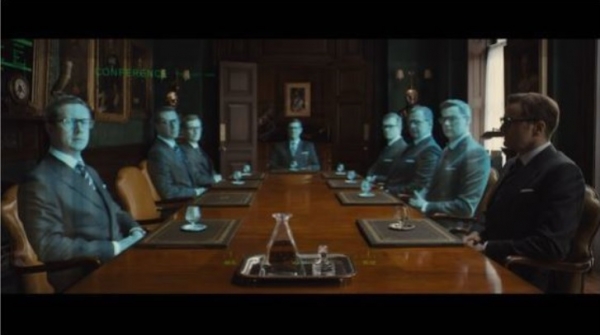 영화 '킹스맨(Kingsman)'의 한 장면. 주인공이 특수안경을 끼자 세계 각국의 요원들의 홀로그램이 회의장에 나타난다. 출처=Kingsman. 서울스피커스뷰로(SSB) 제공.