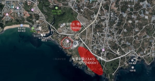 부영호텔(2,3,4,5)과 부영랜드 위치도. 특히, 부영호텔은 주상절리대 해안과 불과 100~150m 떨어진 곳에 위치하고 있어 경관 사유화 논란이 있는 곳이다.