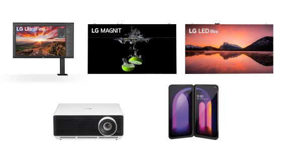 사진 왼쪽 상단부터 시계방향으로 굿디자인 어워드를 수상한 LG 울트라 HD 360 모니터, 마이크로LED 사이니지 LG 매그니트, LED 사이니지 LG LED 블록, LG V60 ThinQ 5G, 상업용 프로젝터 LG 프로빔 제품 사진. LG전자 제공