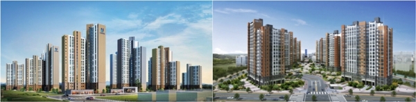 분양권 전매제한 6개월의 청약비규제 도시개발지구에서 분양예정인 '양평 다문 반도유보라 아이비파크'와 '여주역 일신휴먼빌' 투시도. (반도건설·일신건영 자료)