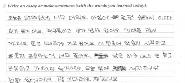 ▲실제 ‘붐코 한국어 학습지’로 한국어 공부를 한 학습자가 작성한 내용(사진=DS 글로벌)