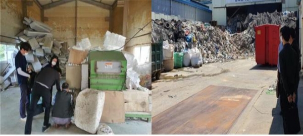 미허가 건설폐기물수집운반업 현장(왼쪽)과 미허가 폐기물처리업체 운영 현장(오른쪽). 사진=인천시 제공