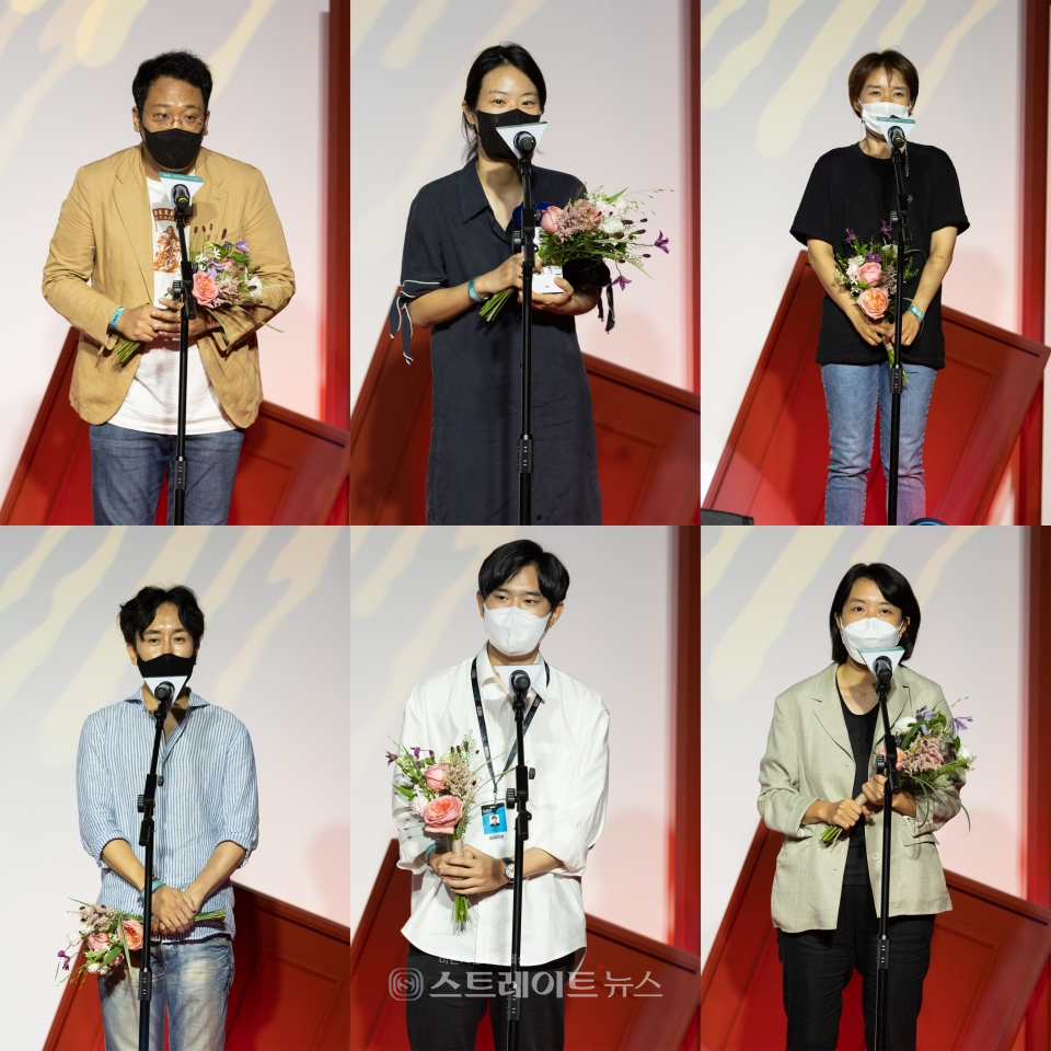 ▲ (왼쪽부터 시계방향) ‘칠흑’ 이준섭 감독(작품상, 왓챠가 주목한 단편상), ‘내 코가 석재’ 김보람 감독(관객상), ‘목소리’ 김영제 감독(왓챠가 주목한 단편상), ‘젖꼭지 3차대전’ 백시원 감독(왓챠가 주목한 단편상), ‘애타게 찾던 그대’ 이민섭 감독(왓챠가 주목한 단편상), ‘크리스마스가 따뜻한 이유는 말이죠,’ 최우진 감독(왓챠가 주목한 단편상) / 사진제공= 부천국제판타스틱영화제(BIFAN)