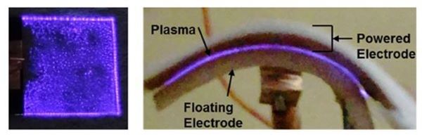 유연 전극의 윗면과 측면에서 발생하는 플라즈마. 사진=경기도 제공