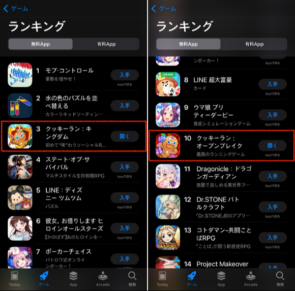 지난 6일 일본 애플 앱스토어 인기 게임 순위에서 쿠키런: 킹덤이 3위, 쿠키런: 오븐브레이크가 10위를 기록하고 있다. 데브시스터즈 제공