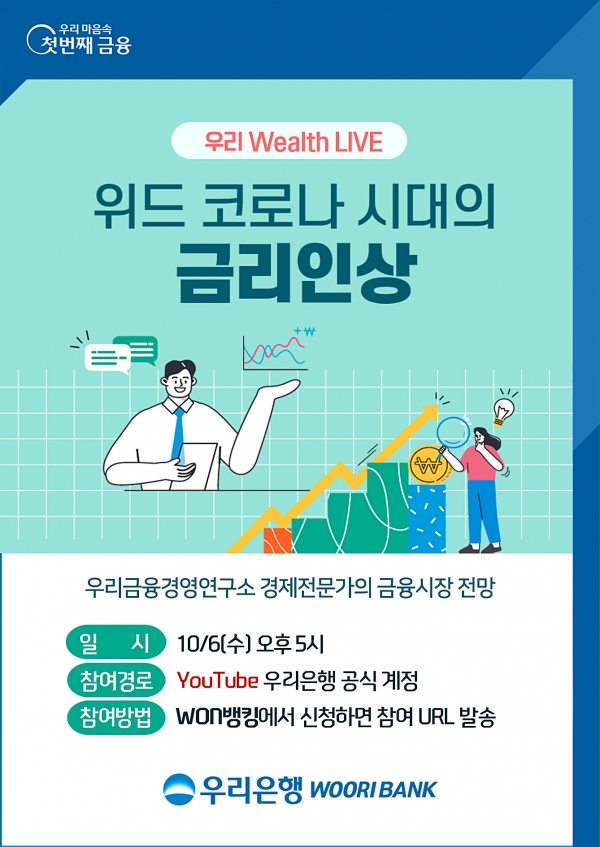 우리은행은 우리금융연구소 거시경제 전문가를 통해 위드 코로나시대 금융시장 핵심 이슈를 체크하고 향후 전망을 하는 유튜브 세미나를 오는 6일 17시 진행한다.(제공=우리은행)