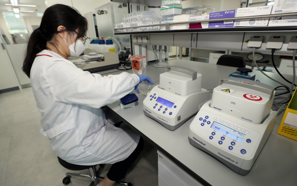 SK바이오사이언스가 개발 중인 국내 첫 백신 효능 평가하는 연구원