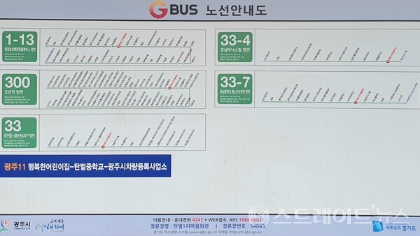 ◇'두산위브 광주센트럴파크' 아파트 인근의 도로인 회안대로에 설치된 정류장을 들르는 노선버스의 안내. (사진=이준혁 기자)
