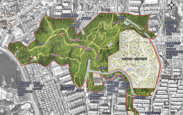 청주 민간조성 매봉공원특례사업으로 시행 중인 '한화 포레나 청주매봉'(사진 입지도)이 과도한 땅값 부풀리기로 지자체가 시행사에 특혜를 줬다는 의혹이 제기 중이다. (자료 : 청주시)
