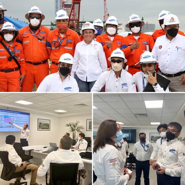최근 멕시코 타바스코주 도스보카스 정유 플랜트 현장 점검을 위해 현지를 방문한 남궁홍 삼성엔지니어링 플랜트사업본부장(아래 오른쪽 사진 오른쪽 첫째)이 로시오 날레 멕시코 에너지장관(아래 오른쪽 사진 왼쪽 첫째)과 이야기를 나누고 있다. /사진=멕시코 에너지장관실