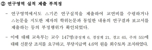 보도자료 ‘제23차 신뢰회복추진단 회의 개최 - 교육‧연구 및 학생지도비 감사 결과 및 개선방안 마련 등 논의’(22.1.25) 중 특정감사 결과 지적사항 2번. (자료=서동용 의원실)