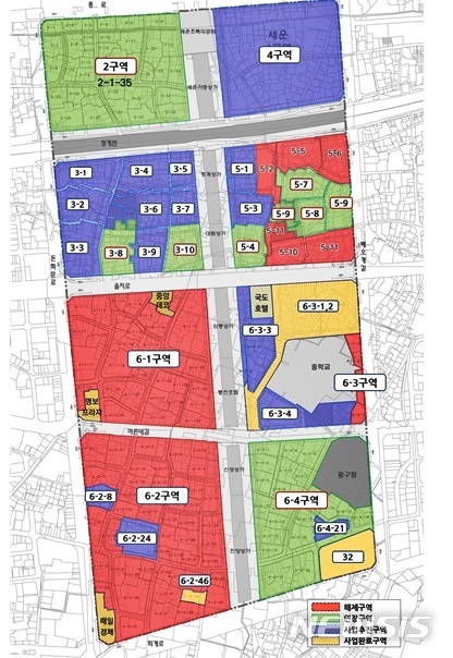 ​세운재정비촉진지구는 지구 동서에 20~26층의 거대한 콘크리트 주거시설 숲으로 개발, 서울의 동서의 문화와 사회의 소통을 차단하는 거대한 흉물로 전락이 불기피하다. (서울시 자료)