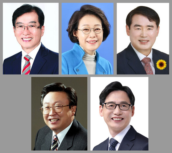 6·1 지방선거 광주교육감 후보. 시계방향으로  강동완, 박혜자, 이정선, 이정재, 정성홍 (가나다 순)