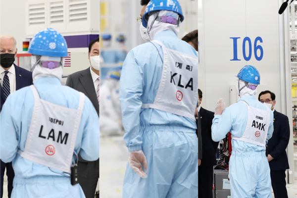 지난 20일 조 바이든 미국 대통령과 윤석열 대통령 일행에게 반도체 생산라인에 관해 설명하는 삼성전자 직원 등에 각기 다른 알파벳 세 글자가 적혀 있다. /사진=뉴스1 