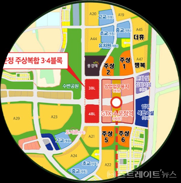 청약홈에 따르면 수도권광역급행철도 GTX-A 기점인 파주운정역의 초역세권 주상복합아파트 6개 단지(사진 : 입지 현황)의 7차 사전청약 특별공급을 실시한 결과, 중복 청약에도 불구하고 평균 12.34 대 1의 경쟁률을 기록, 의외로 저조했다. '고양 창릉'보다 비싼 고분양가 논란에 휩싸인 데 따른다.