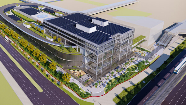 현대자동차그룹이 싱가포르에 짓고 있는 혁신센터(HMGICS) 조감도. 저층 부분 옥상에 주행시험장이 조성되며, 위로 돌출된 고층 부분은 생산된 완성차를 보관하는 무인주차장으로 사용된다. /사진=현대자동차그룹