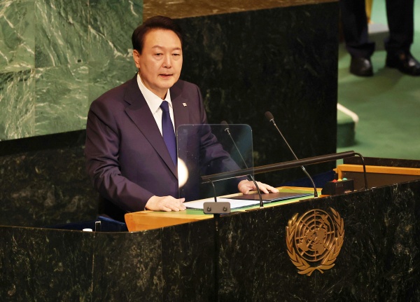 윤석열 대통령이 20일(현지시간) 미국 뉴욕 유엔 총회장에서 기조연설을 하고 있다.(사진=연합뉴스)