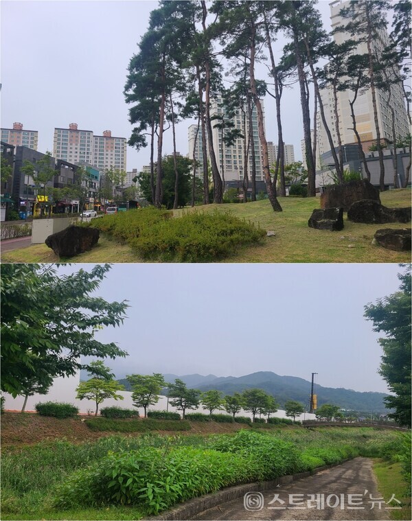 반곡동 혁신도시 복합용지 2블록에 선보이는 ‘원주혁신도시 유승한내들 더스카이’(사진 건설현장)의 3.3㎡당 분양가가 1,000만원 내외에서 11월 분양 예정이다. 윗 사진은 유승한내들과 인접한 '중흥S클래스프라디움',하단은 유승의 한내들 현장과 원주천, 원주천에서 보이는 중장비는 반도유보라 건설현장이다. (사진 : 이준혁 기자)