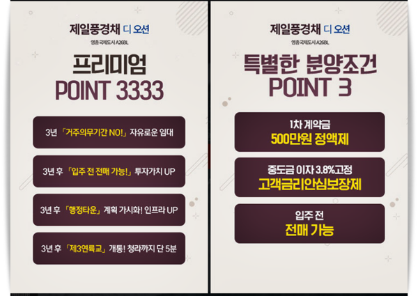 제일건설이 '영종국제도시 제일풍경채 디오션'의 판촉을 위해 위해 내건 중도금이자 3.5% 고정금리 적용 등 주요 판촉 내용. (제일건설 홈페이지 캡쳐)