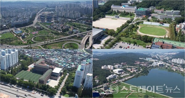 포스코건설이 천안 신부동에서 분양 중인 '더샵 신부'에 가까운 도솔광장(왼쪽 상단부터 시계방항)과 천안북일고 북일여고, 단국대 천안캠퍼스 천호저수지, 천안 신부초등학교. (포스코건설 제공)