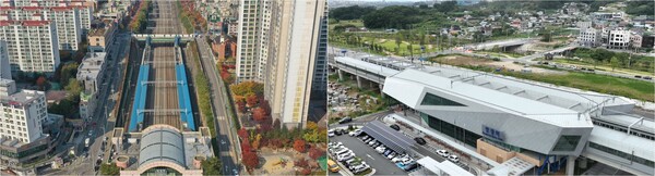 1호선 아산 탕정역(왼쪽)은 천안 두정역에서 부터 5개 정거장 남단에 자리한다.