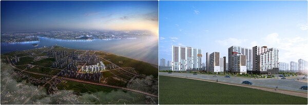 ◆한국토지주택공사(LH)가 인천 영종하늘도시에서 분양 중인 A60블록 공공분양 아파트가 지난해 분양한 A28블록 'e편한세상 영종 센텀베뉴'(사진 왼쪽)보다 고가다. 파주운정3 A23블록 안단테(오른쪽 조감도)도 지난해보다 두 자릿수 비싸다.@스트레이트뉴스