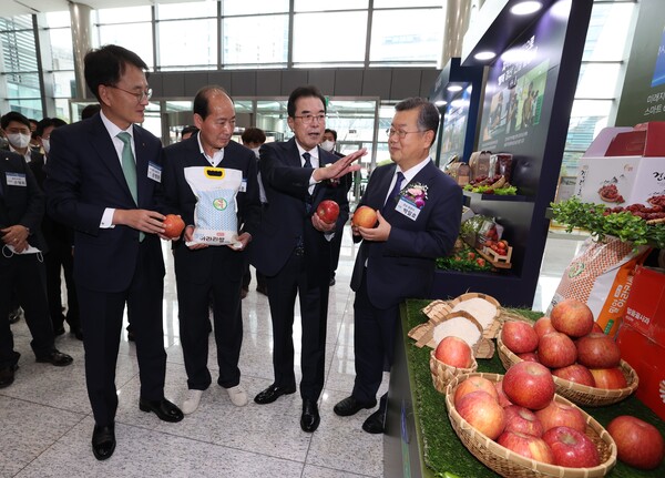 29일 서울 중구 본관에서 열린 '2022 지역농업발전 선도인상' 시상식에서 만난 관계자들. (사진 왼쪽부터) 손병환 NH농협금융지주회장, 박재종 밀양축협조합장, 이성희 농협중앙회장, 박일호 밀양시장(제공=농협)
