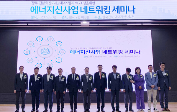 지난 9일 나주시 한국전력 본사에서 열린 광주·전남 혁신도시 에너지밸리 MG 조성을 위한 에너지신사업 네트워킹 세미나에서 참석자들이 기념 촬영을 하고 있다. LG전자 제공