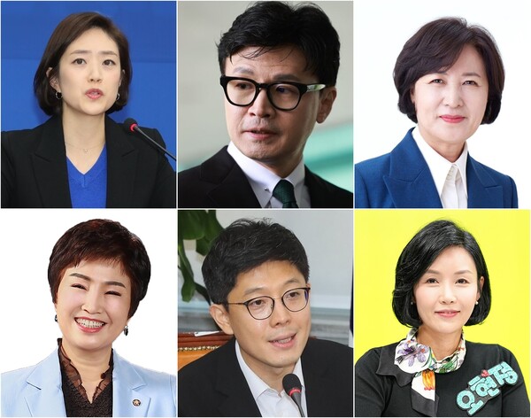 광진구 갑을에 자처 타천으로 22대 총선 후보에 오르는 인물군. 고민정 의원, 한동훈 장관, 추미애 전 장관, 오현정 전 서울시 의원, 전혜숙 의원(상단 왼쪽부터 시계 방향)