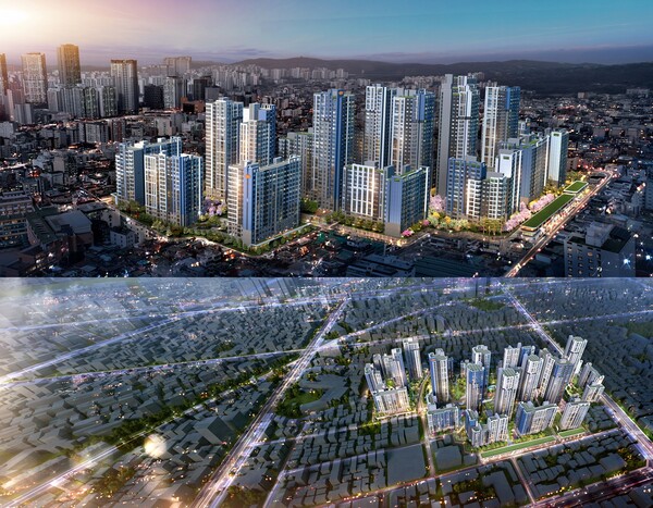 ◇서울 면목역 모아타운 투시도(위쪽) 및 조감도. (이미지=DL건설)